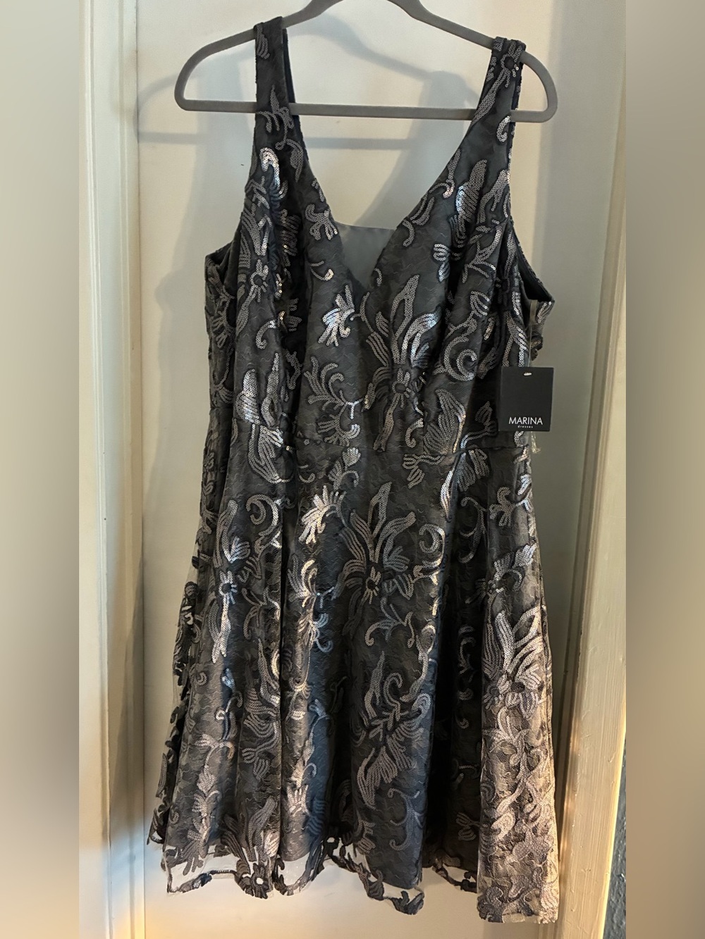 Marina Pewter Gray with sequin Floral Jacquard V-Neck Dress